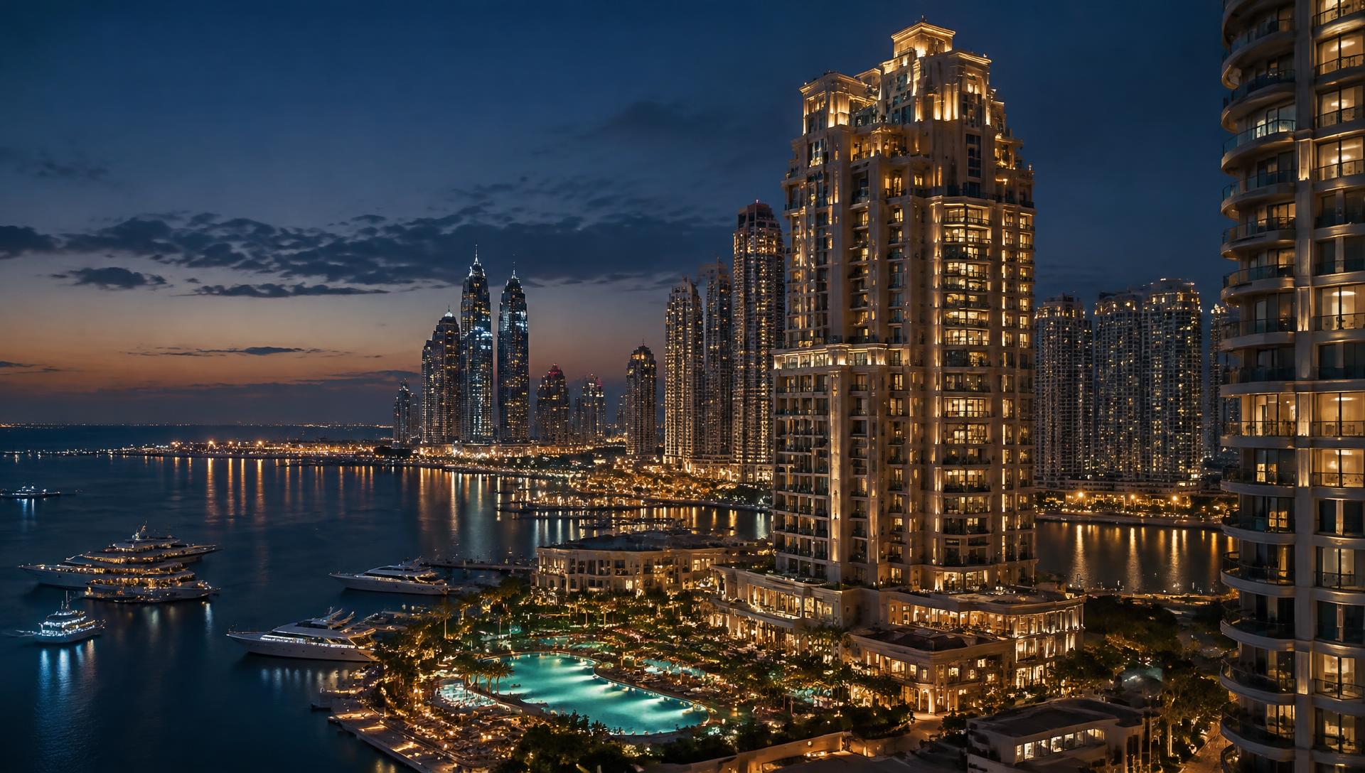 Waterfront hotel skyline at dusk